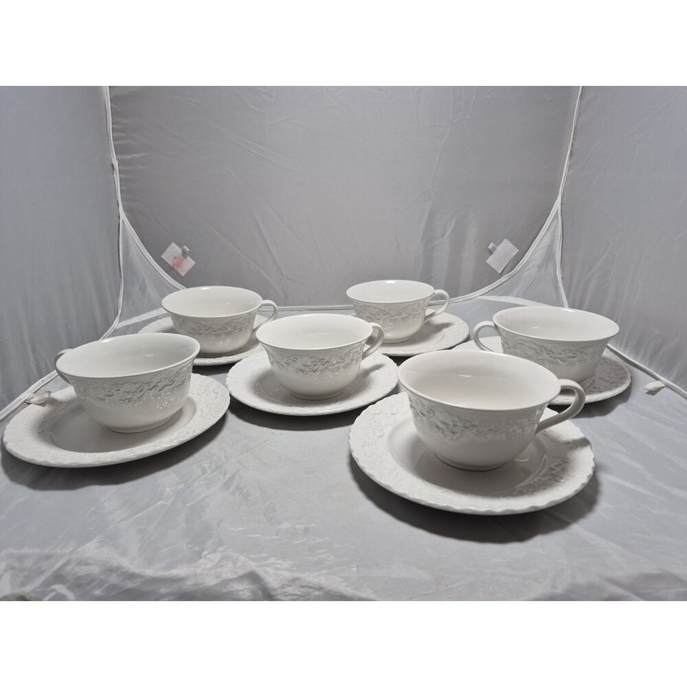 💥 Set of 6 Ralph Lauren CLAIRE Wedgwood England White Ribbon Tea Cups & Saucers